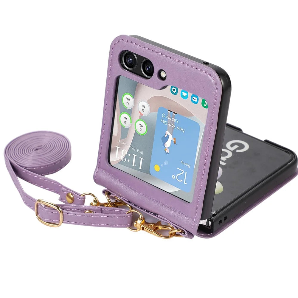 For Samsung Galaxy Z Flip5 5G PU Leather PC Phone Case Anti-Drop Protective Cover with Shoulder Strap - Purple - 1