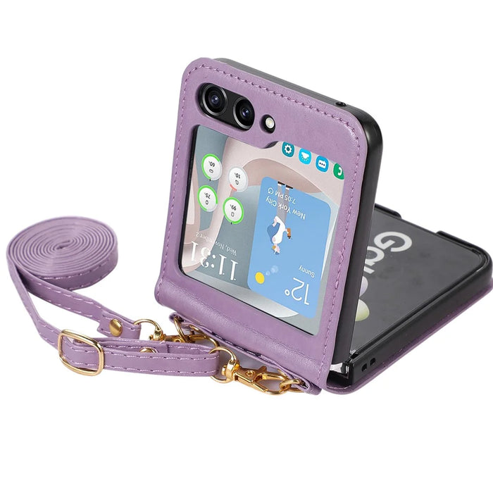 For Samsung Galaxy Z Flip5 5G PU Leather PC Phone Case Anti-Drop Protective Cover with Shoulder Strap - Purple - 1
