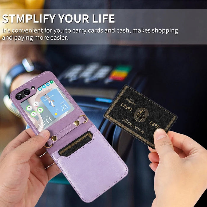 For Samsung Galaxy Z Flip5 5G PU Leather PC Phone Case Anti-Drop Protective Cover with Shoulder Strap - Purple - 2