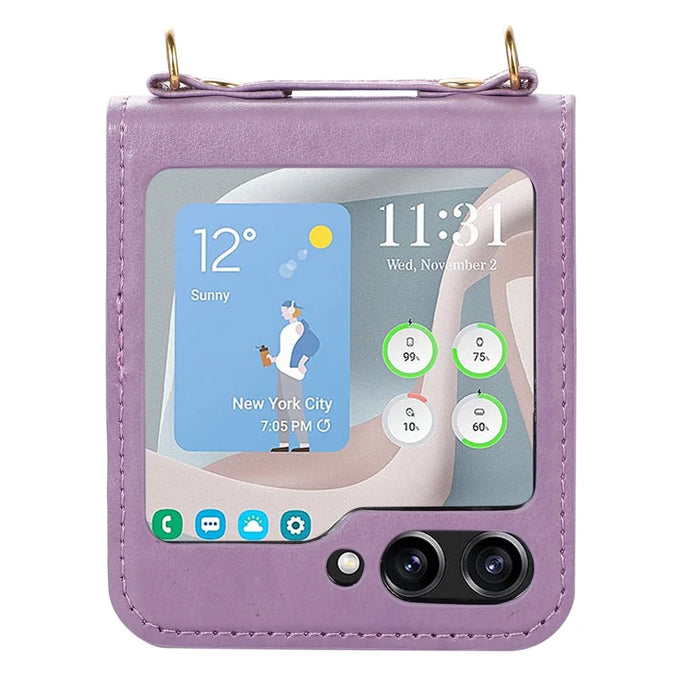 For Samsung Galaxy Z Flip5 5G PU Leather PC Phone Case Anti-Drop Protective Cover with Shoulder Strap - Purple - 4