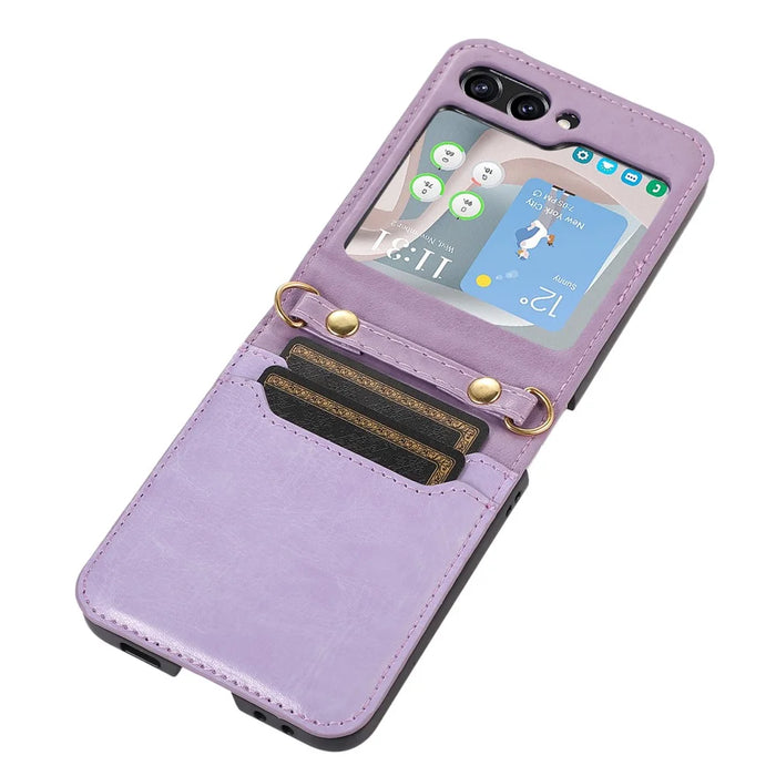 For Samsung Galaxy Z Flip5 5G PU Leather PC Phone Case Anti-Drop Protective Cover with Shoulder Strap - Purple - 7