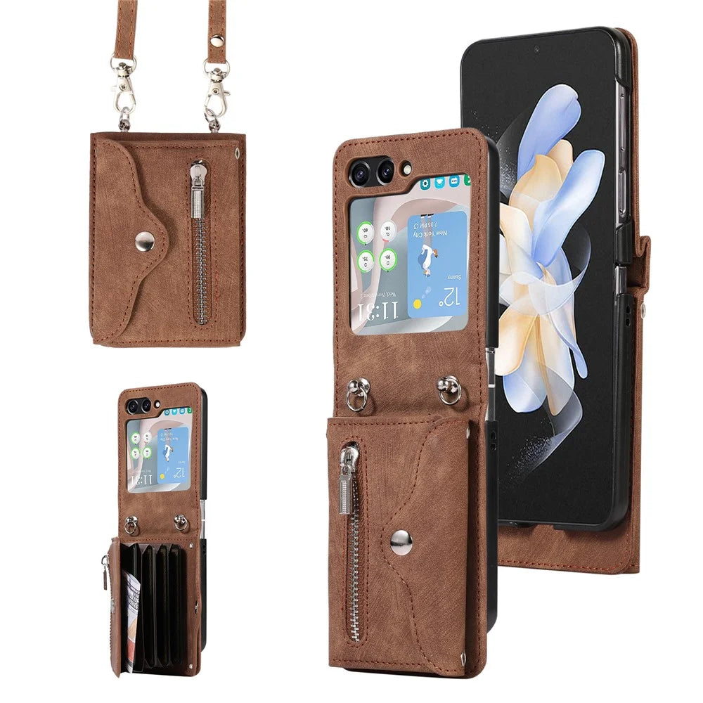 For Samsung Galaxy Z Flip5 5G RFID Blocking Card Bag Case PU Leather+PC Phone Cover with Kickstand - Brown - 1