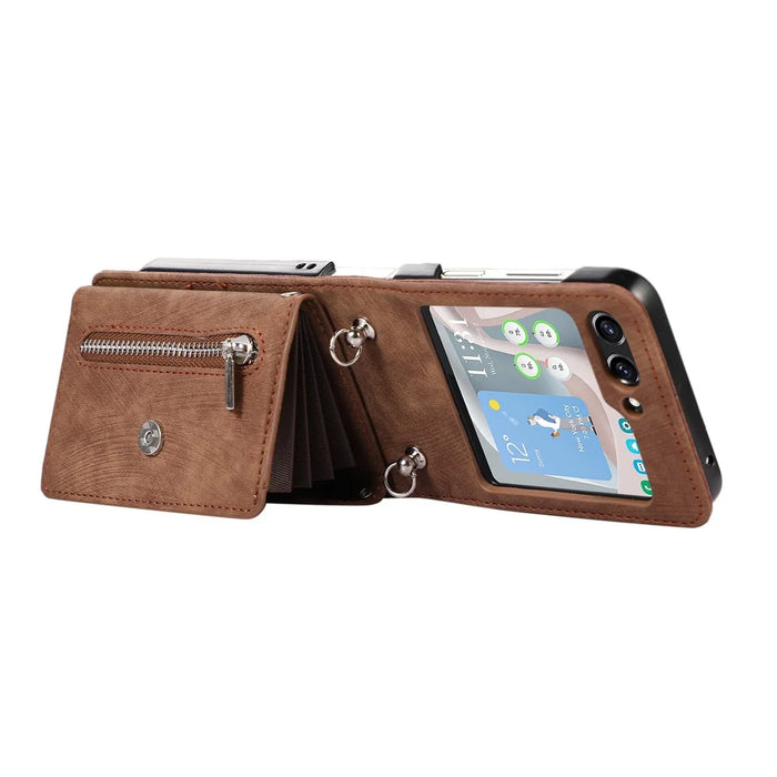 For Samsung Galaxy Z Flip5 5G RFID Blocking Card Bag Case PU Leather+PC Phone Cover with Kickstand - Brown - 2