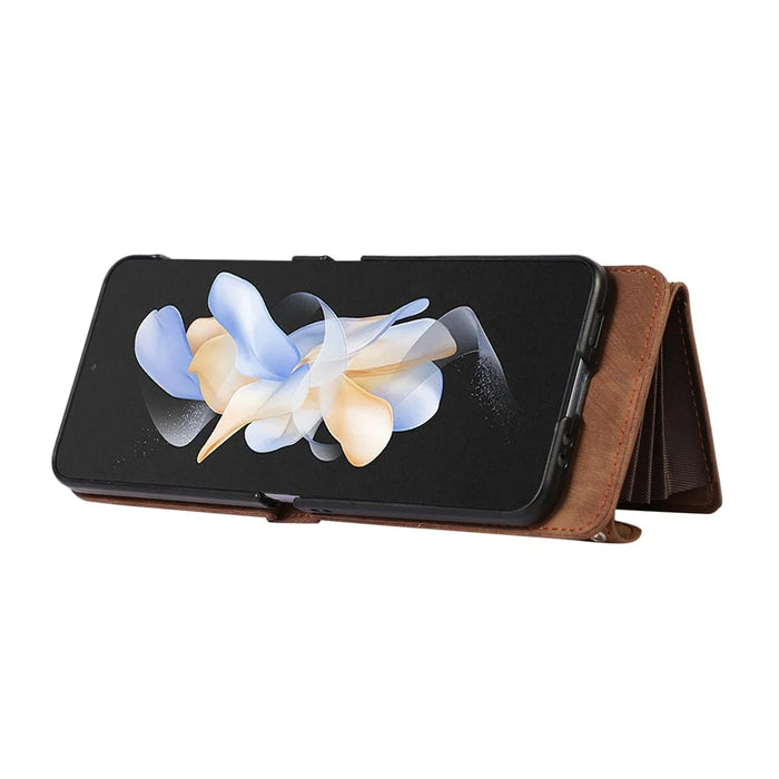 For Samsung Galaxy Z Flip5 5G RFID Blocking Card Bag Case PU Leather+PC Phone Cover with Kickstand - Brown - 3