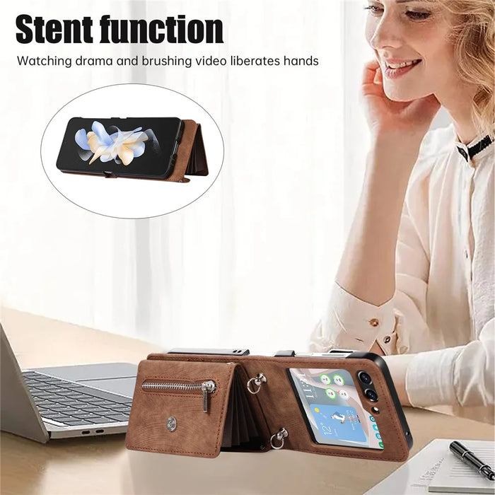 For Samsung Galaxy Z Flip5 5G RFID Blocking Card Bag Case PU Leather+PC Phone Cover with Kickstand - Brown - 6
