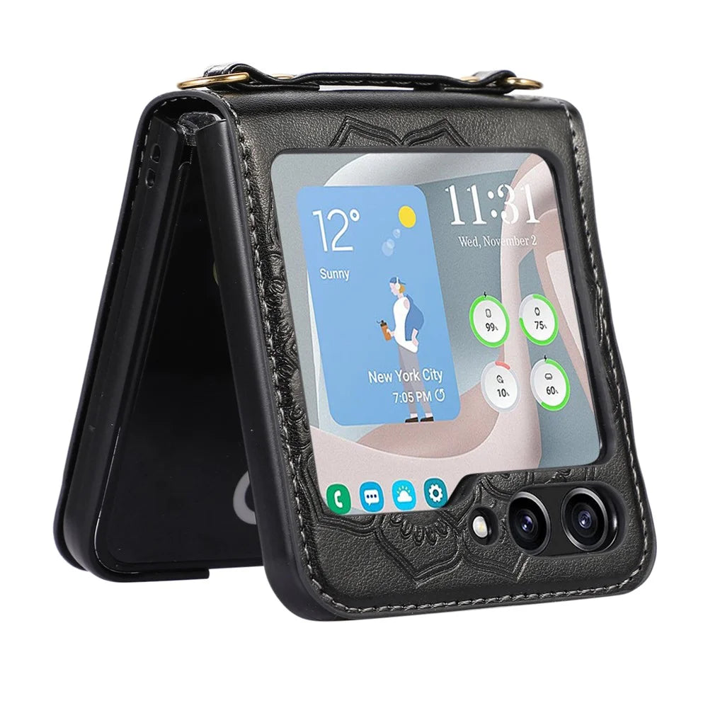 For Samsung Galaxy Z Flip5 5G Flower Imprinted Phone Case Anti-Drop PU Leather PC Cover with Shoulder Strap - Black - 2