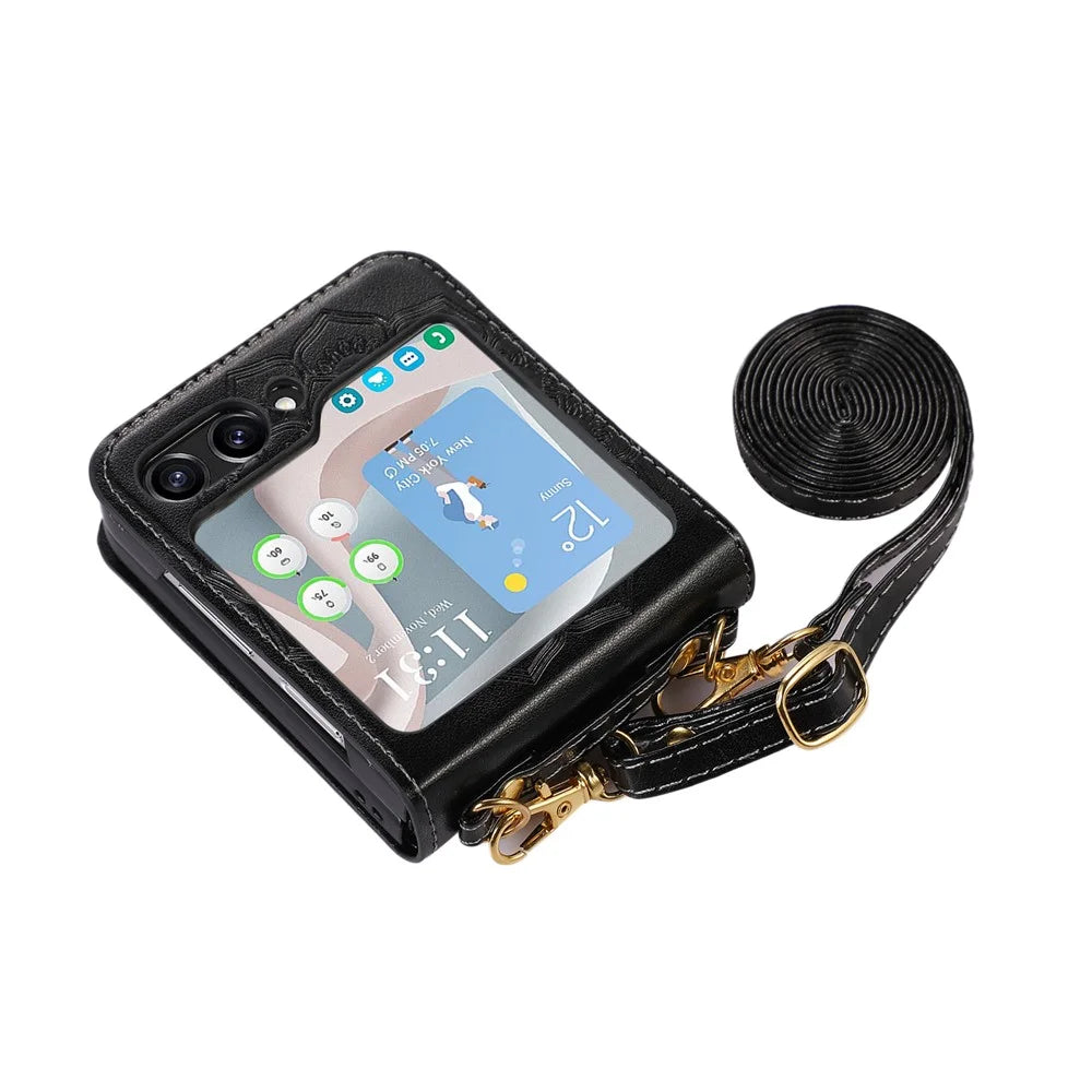 For Samsung Galaxy Z Flip5 5G Flower Imprinted Phone Case Anti-Drop PU Leather PC Cover with Shoulder Strap - Black - 3