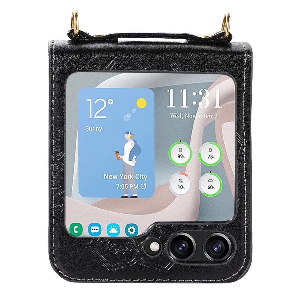 For Samsung Galaxy Z Flip5 5G Flower Imprinted Phone Case Anti-Drop PU Leather PC Cover with Shoulder Strap - Black - 4
