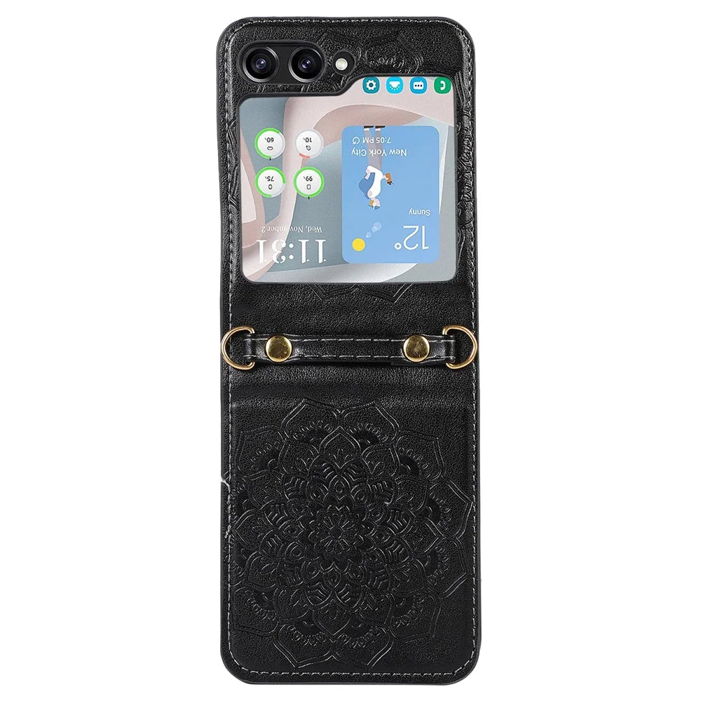 For Samsung Galaxy Z Flip5 5G Flower Imprinted Phone Case Anti-Drop PU Leather PC Cover with Shoulder Strap - Black - 6