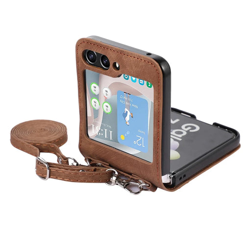For Samsung Galaxy Z Flip5 5G Skin Touch Phone Case Shockproof PU Leather PC Phone Cover with Shoulder Strap - Brown - 1
