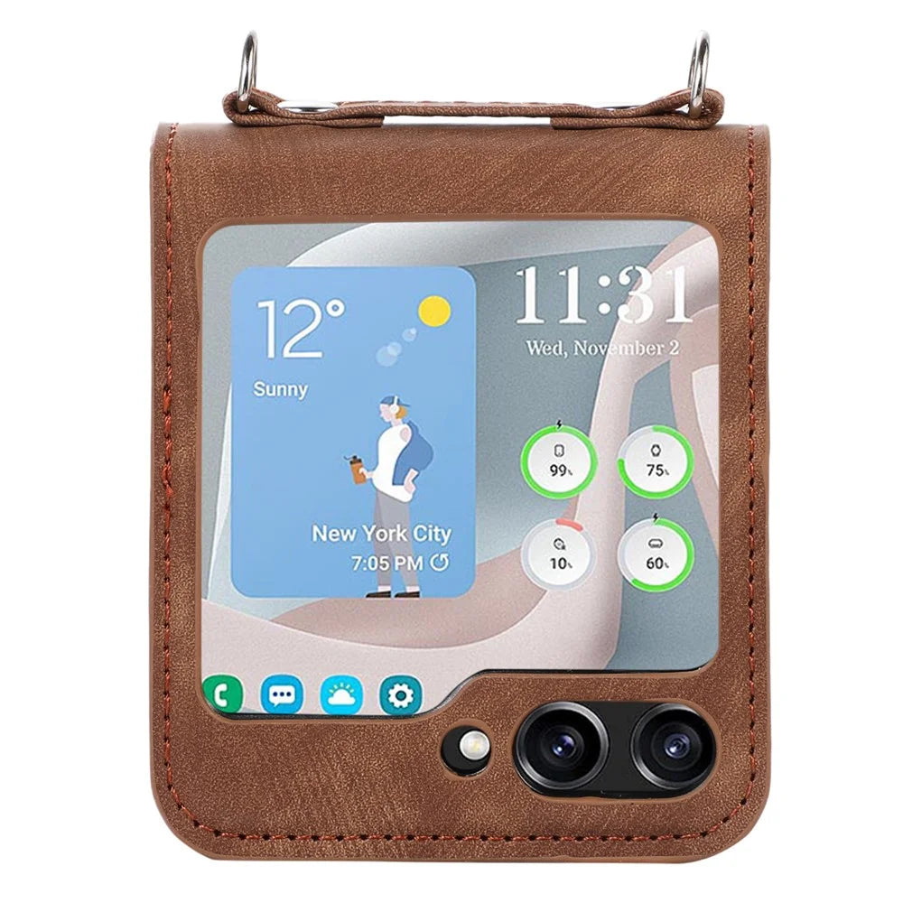For Samsung Galaxy Z Flip5 5G Skin Touch Phone Case Shockproof PU Leather PC Phone Cover with Shoulder Strap - Brown - 2