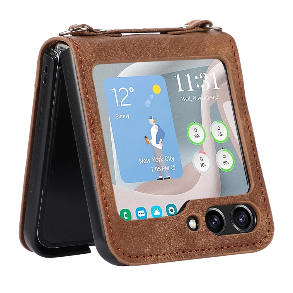 For Samsung Galaxy Z Flip5 5G Skin Touch Phone Case Shockproof PU Leather PC Phone Cover with Shoulder Strap - Brown - 3