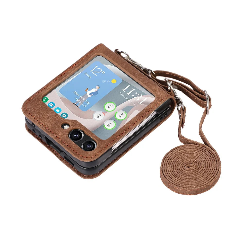For Samsung Galaxy Z Flip5 5G Skin Touch Phone Case Shockproof PU Leather PC Phone Cover with Shoulder Strap - Brown - 4