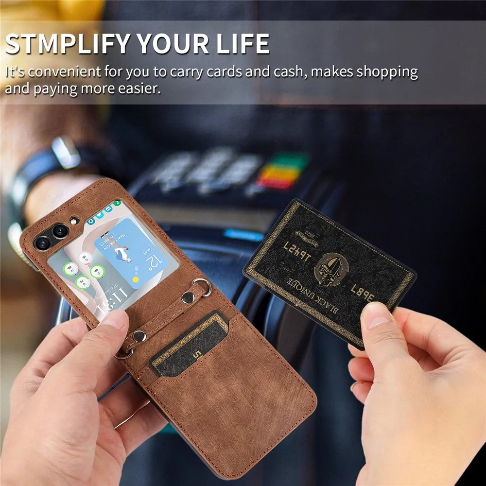 For Samsung Galaxy Z Flip5 5G Skin Touch Phone Case Shockproof PU Leather PC Phone Cover with Shoulder Strap - Brown - 5