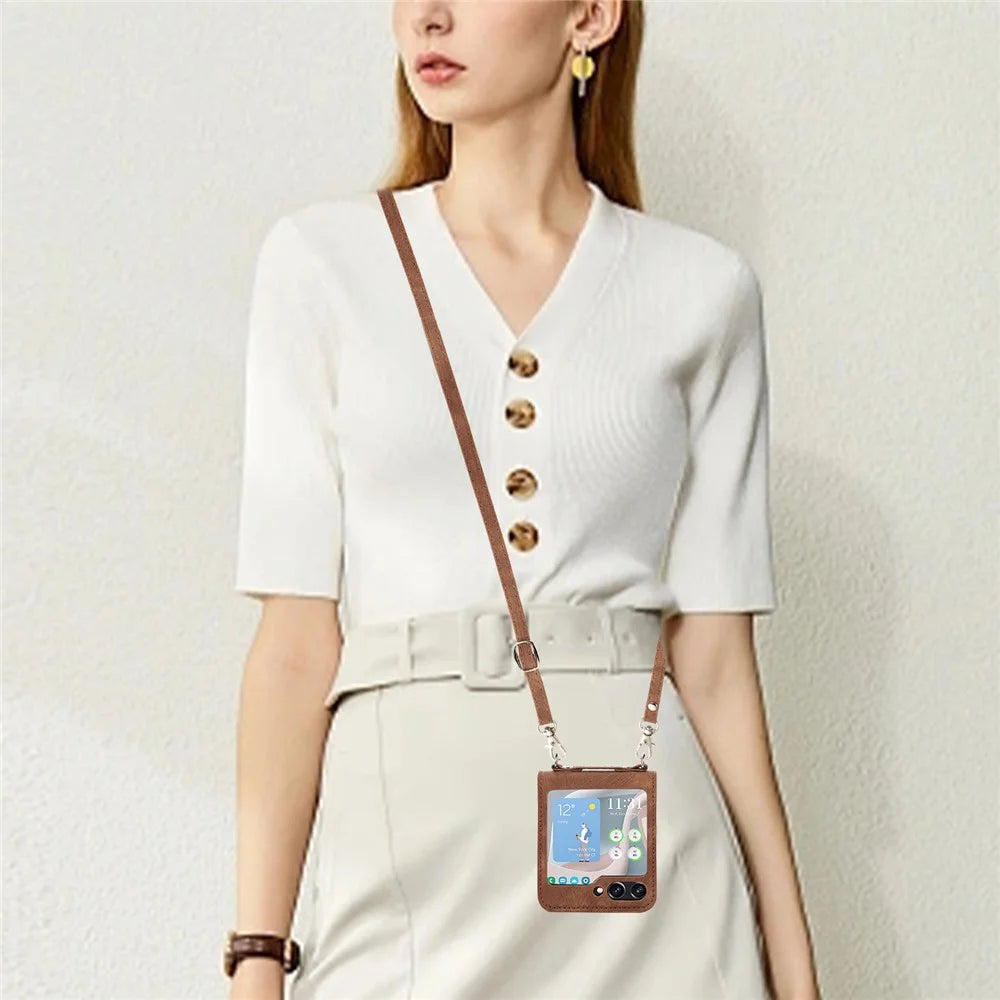 For Samsung Galaxy Z Flip5 5G Skin Touch Phone Case Shockproof PU Leather PC Phone Cover with Shoulder Strap - Brown - 6