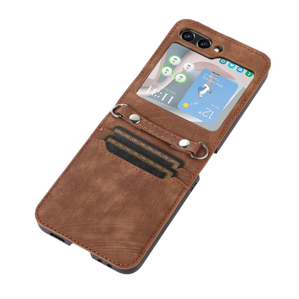 For Samsung Galaxy Z Flip5 5G Skin Touch Phone Case Shockproof PU Leather PC Phone Cover with Shoulder Strap - Brown - 7