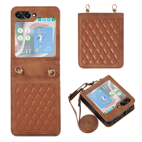 Grid Imprinted PU Leather PC Case for Samsung Galaxy Z Flip5 5G Protective Phone Shell with Shoulder Strap - Brown - 1