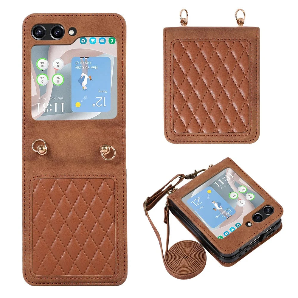 Grid Imprinted PU Leather PC Case for Samsung Galaxy Z Flip5 5G Protective Phone Shell with Shoulder Strap - Brown - 1
