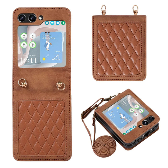 Grid Imprinted PU Leather PC Case for Samsung Galaxy Z Flip5 5G Protective Phone Shell with Shoulder Strap - Brown - 1