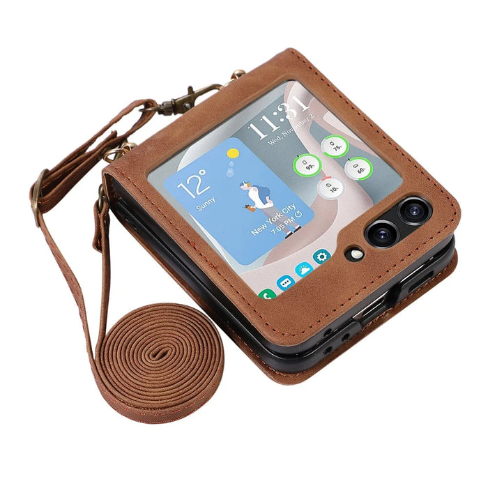 Grid Imprinted PU Leather PC Case for Samsung Galaxy Z Flip5 5G Protective Phone Shell with Shoulder Strap - Brown - 2