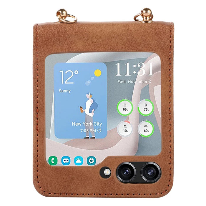 Grid Imprinted PU Leather PC Case for Samsung Galaxy Z Flip5 5G Protective Phone Shell with Shoulder Strap - Brown - 3