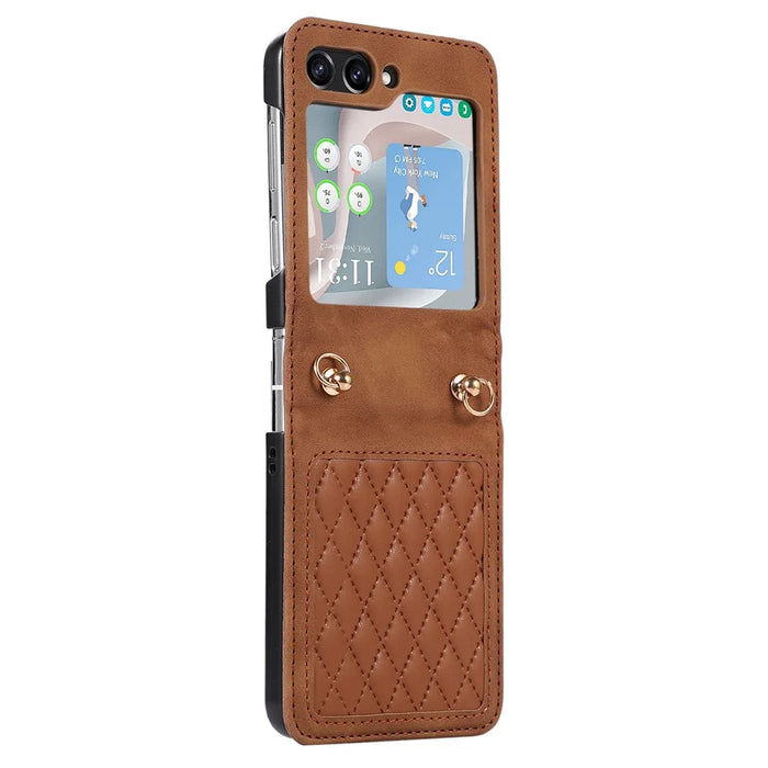 Grid Imprinted PU Leather PC Case for Samsung Galaxy Z Flip5 5G Protective Phone Shell with Shoulder Strap - Brown - 5