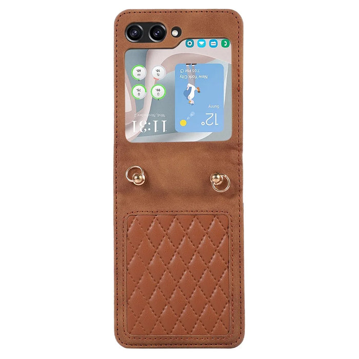 Grid Imprinted PU Leather PC Case for Samsung Galaxy Z Flip5 5G Protective Phone Shell with Shoulder Strap - Brown - 6