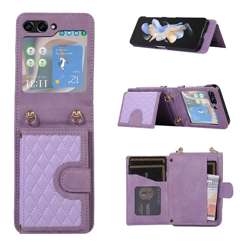 Grid Imprinted Protective Wallet Case for Samsung Galaxy Z Flip5 5G PU Leather PC Phone Cover with Shoulder Strap - Purple - 1