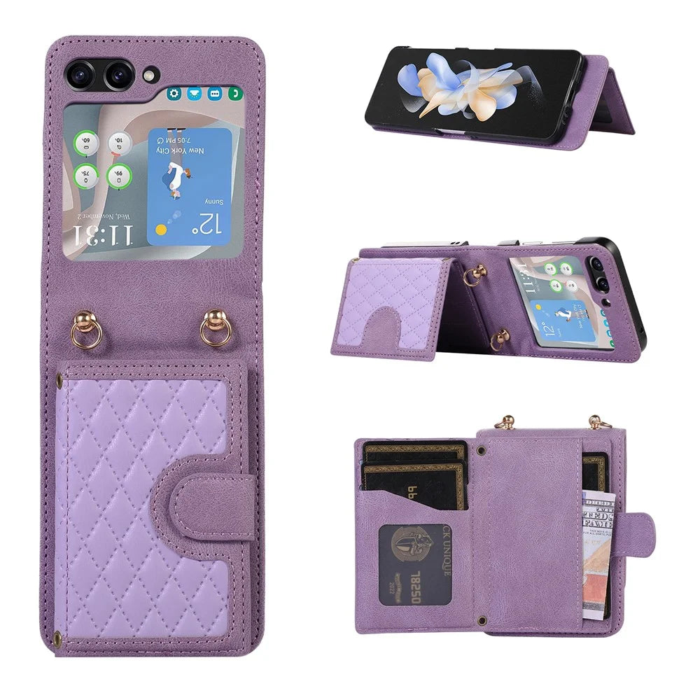Grid Imprinted Protective Wallet Case for Samsung Galaxy Z Flip5 5G PU Leather PC Phone Cover with Shoulder Strap - Purple - 1
