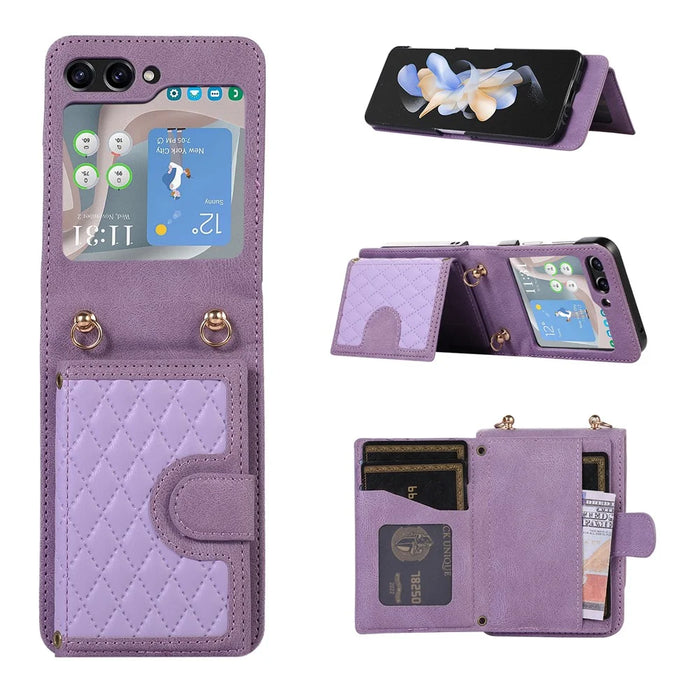 Grid Imprinted Protective Wallet Case for Samsung Galaxy Z Flip5 5G PU Leather PC Phone Cover with Shoulder Strap - Purple - 1