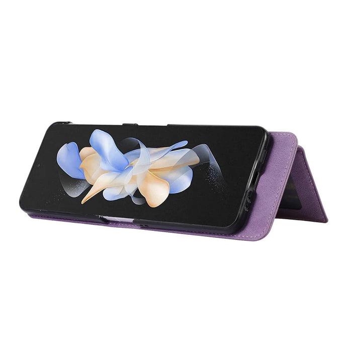 Grid Imprinted Protective Wallet Case for Samsung Galaxy Z Flip5 5G PU Leather PC Phone Cover with Shoulder Strap - Purple - 2