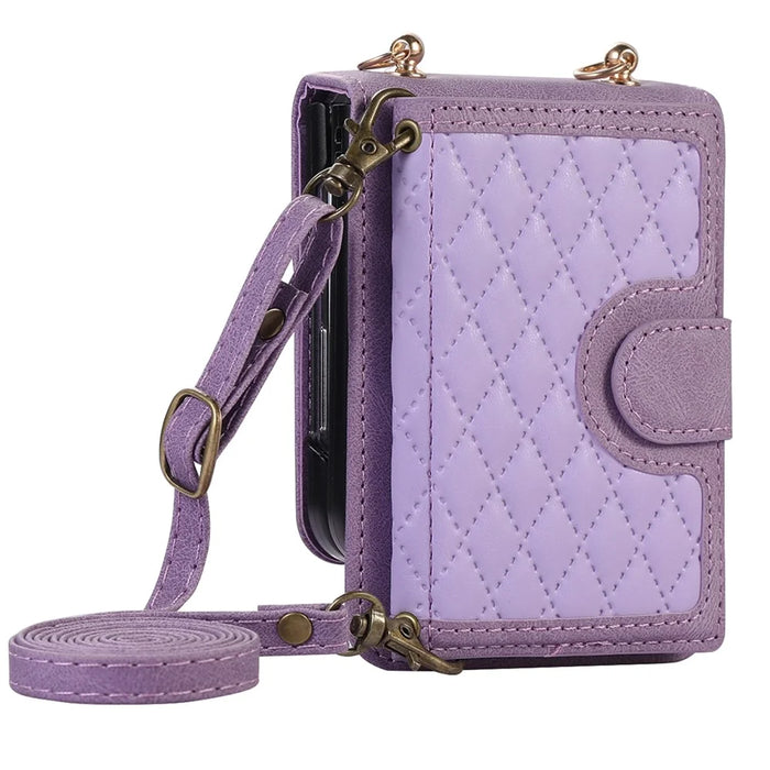 Grid Imprinted Protective Wallet Case for Samsung Galaxy Z Flip5 5G PU Leather PC Phone Cover with Shoulder Strap - Purple - 4