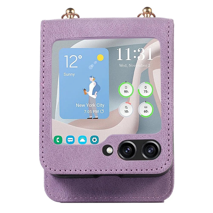 Grid Imprinted Protective Wallet Case for Samsung Galaxy Z Flip5 5G PU Leather PC Phone Cover with Shoulder Strap - Purple - 5