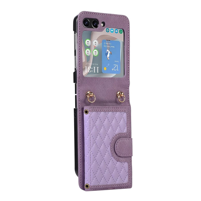 Grid Imprinted Protective Wallet Case for Samsung Galaxy Z Flip5 5G PU Leather PC Phone Cover with Shoulder Strap - Purple - 6