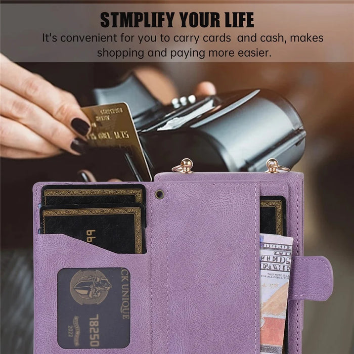 Grid Imprinted Protective Wallet Case for Samsung Galaxy Z Flip5 5G PU Leather PC Phone Cover with Shoulder Strap - Purple - 7