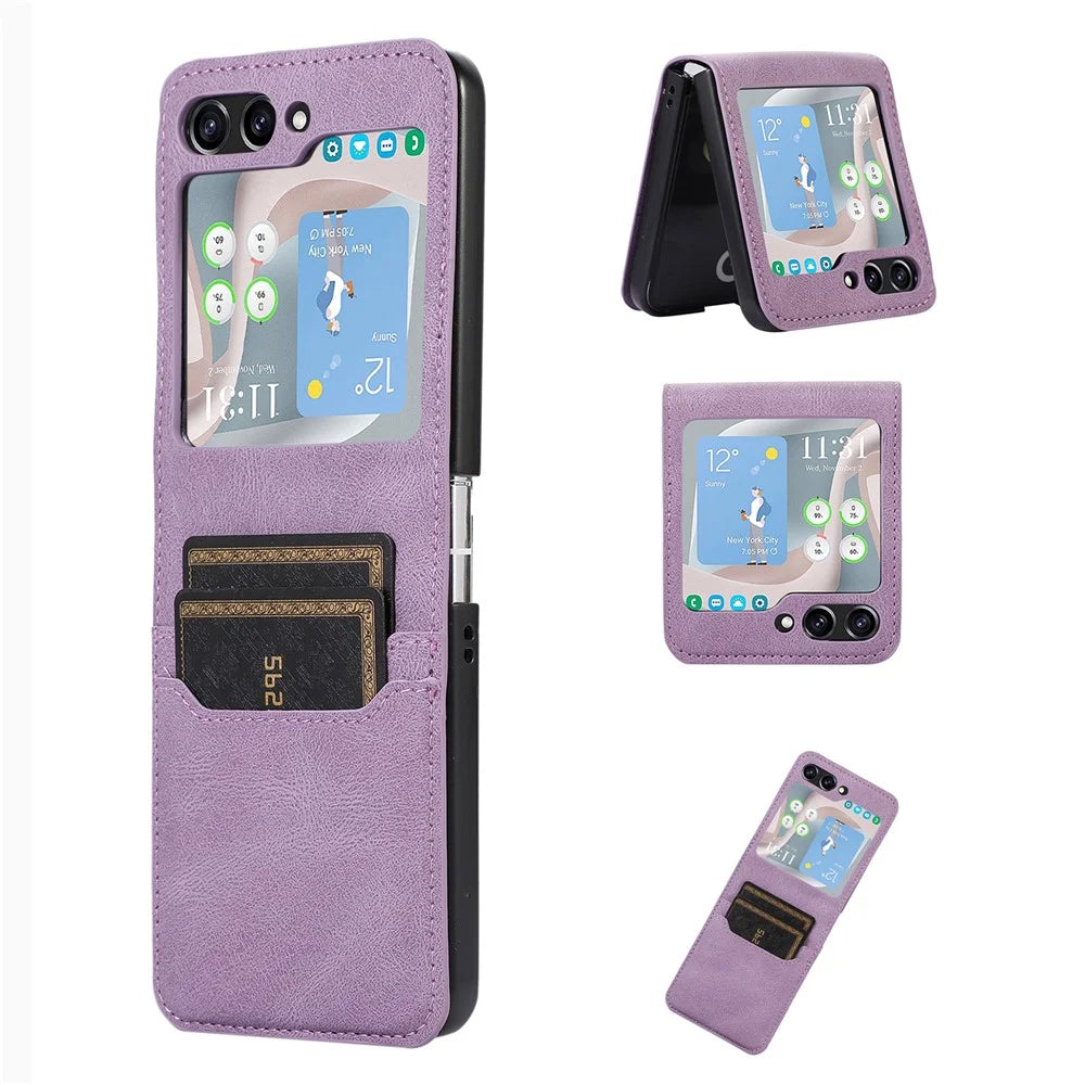For Samsung Galaxy Z Flip5 5G Card Slot Phone Case Shockproof PU Leather PC Phone Cover - Purple - 1