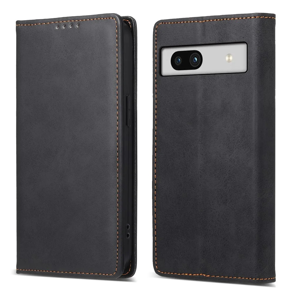 DF-05 For Google Pixel 7a Scratch Proof Solid Color Leather Phone Case RFID Blocking Wallet Stand Cover - Black - 1