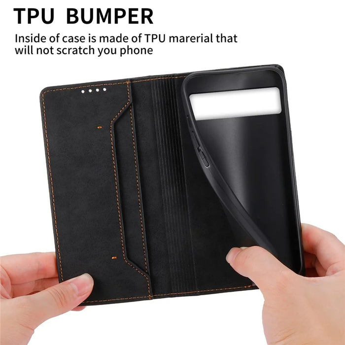 DF-05 For Google Pixel 7a Scratch Proof Solid Color Leather Phone Case RFID Blocking Wallet Stand Cover - Black - 6
