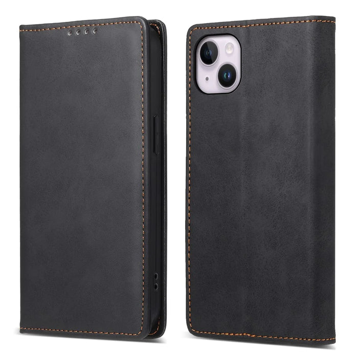 DF-05 For iPhone 14 RFID Blocking Wallet Stand Anti-collision Cover PU Leather Phone Case - Black - 1