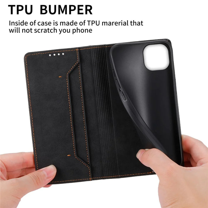 DF-05 For iPhone 14 RFID Blocking Wallet Stand Anti-collision Cover PU Leather Phone Case - Black - 6