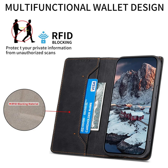 DF-05 For iPhone 14 RFID Blocking Wallet Stand Anti-collision Cover PU Leather Phone Case - Black - 7