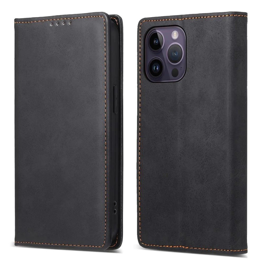 DF-05 for iPhone 14 Pro Max RFID Blocking Phone Case PU Leather Wallet Stand Business Cover - Black - 1