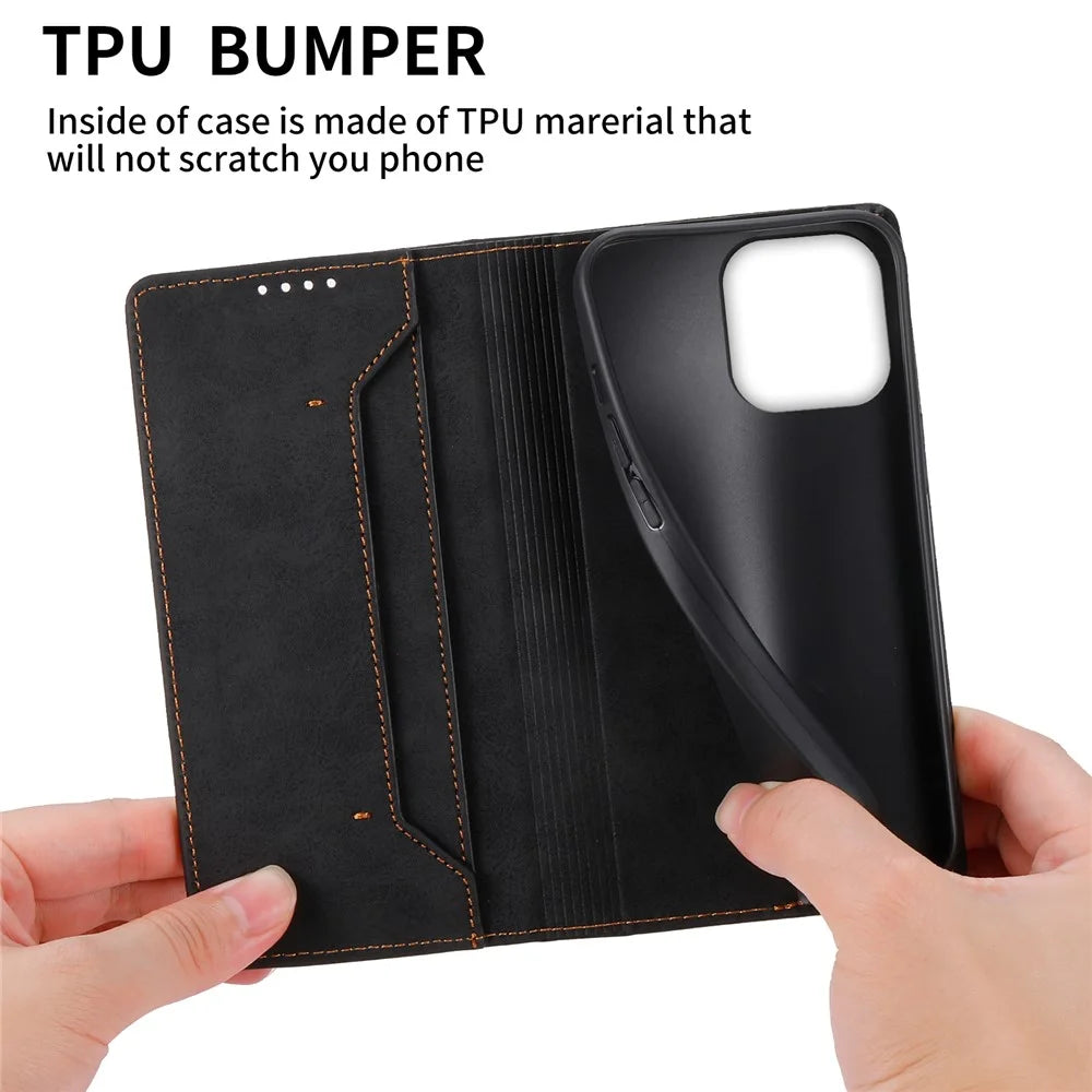 DF-05 for iPhone 14 Pro Max RFID Blocking Phone Case PU Leather Wallet Stand Business Cover - Black - 6