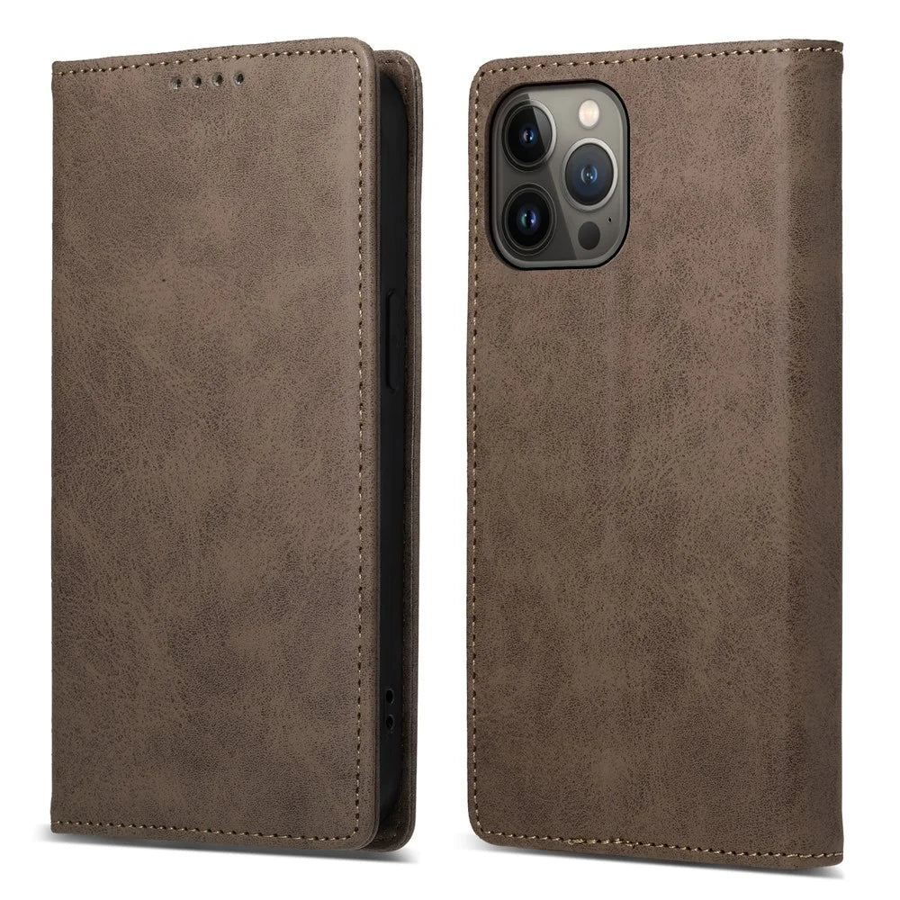 DF-05 Business Wallet Case for iPhone 13 Pro PU Leather RFID Blocking Stand Phone Cover - Brown - 1