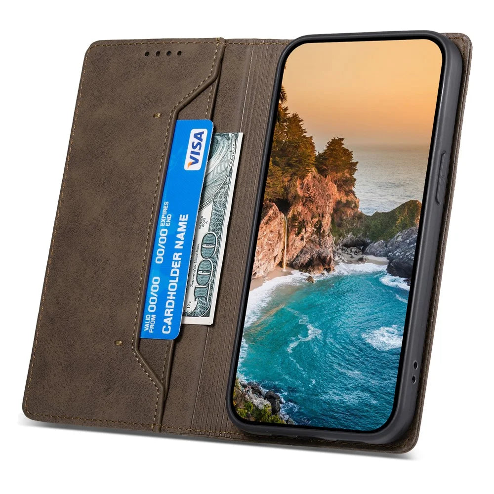 DF-05 Business Wallet Case for iPhone 13 Pro PU Leather RFID Blocking Stand Phone Cover - Brown - 3