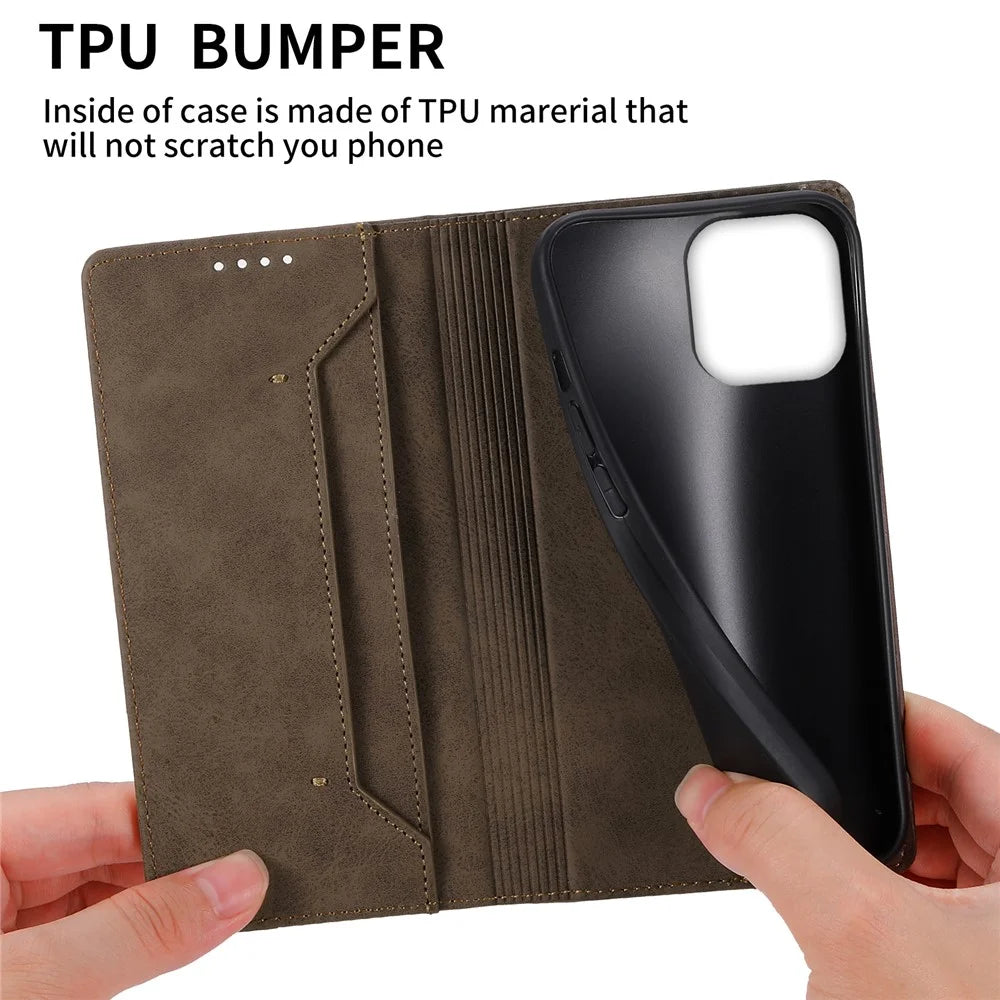 DF-05 Business Wallet Case for iPhone 13 Pro PU Leather RFID Blocking Stand Phone Cover - Brown - 6