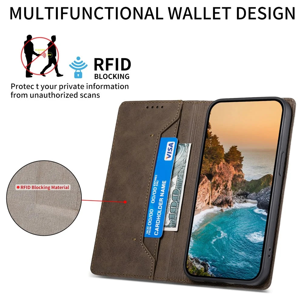 DF-05 Business Wallet Case for iPhone 13 Pro PU Leather RFID Blocking Stand Phone Cover - Brown - 7
