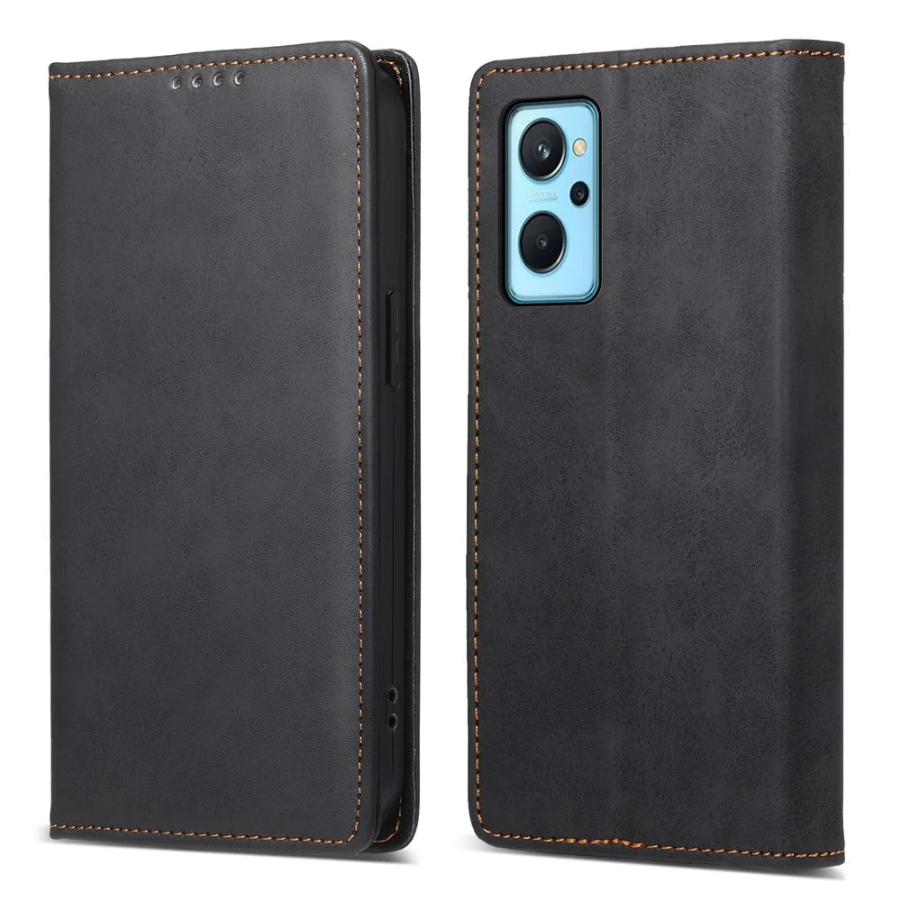 DF-05 For Realme 9i 4G / Oppo A76 / A36 Anti-Fingerprint Phone Cover RFID Blocking Wallet PU Leather Stand Case - Black - 1