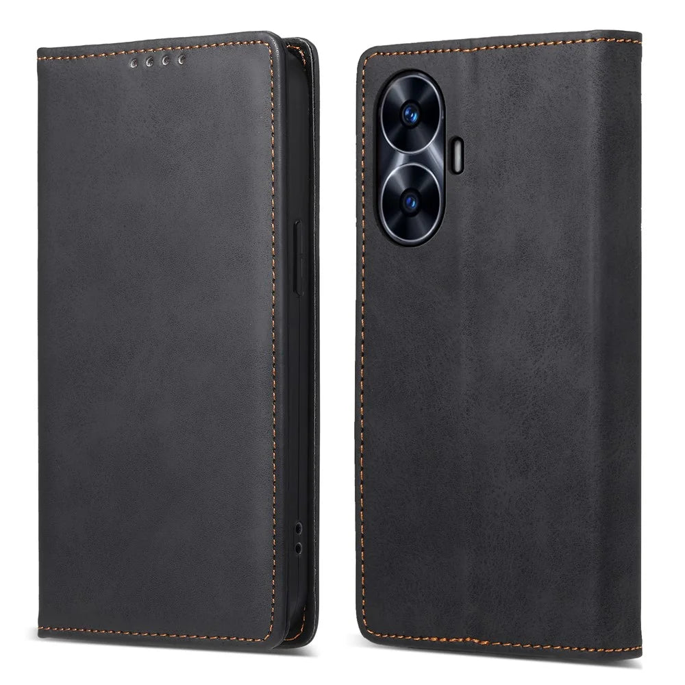 DF-05 Business Phone Case For Realme C55 , Anti-Scratch RFID Blocking Wallet PU Leather Stand Cover - Black - 1