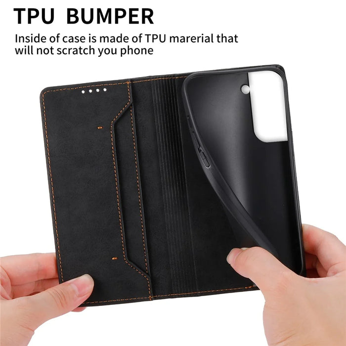 DF-05 for Samsung Galaxy S21 FE 5G PU Leather Business Case Stand RFID Blocking Wallet Phone Cover - Black - 6